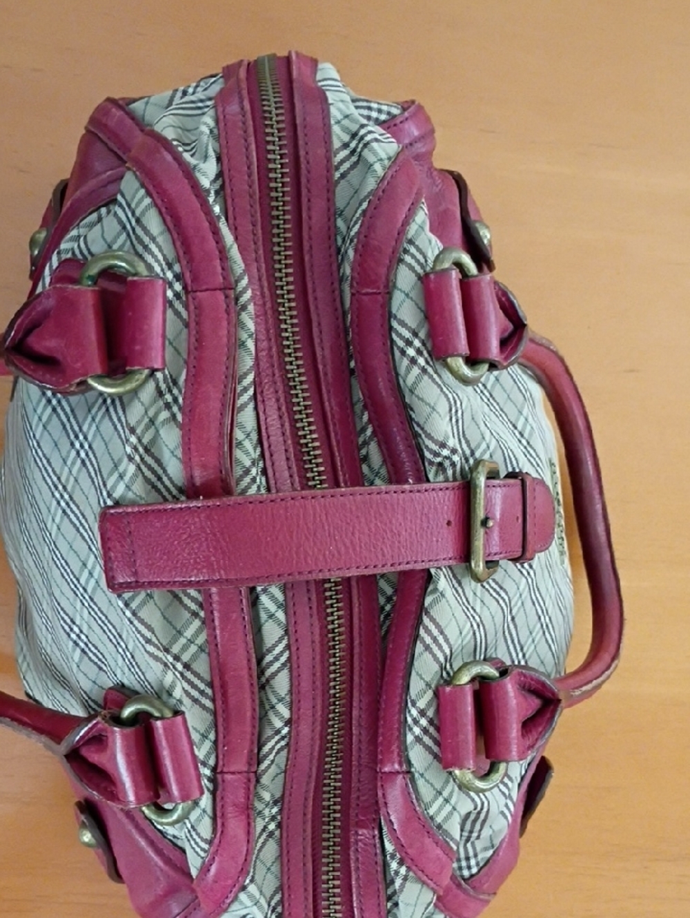 Burberry Blue Label  Beige Plaid Satchel with Red Leather Trim - Picture 9 of 12